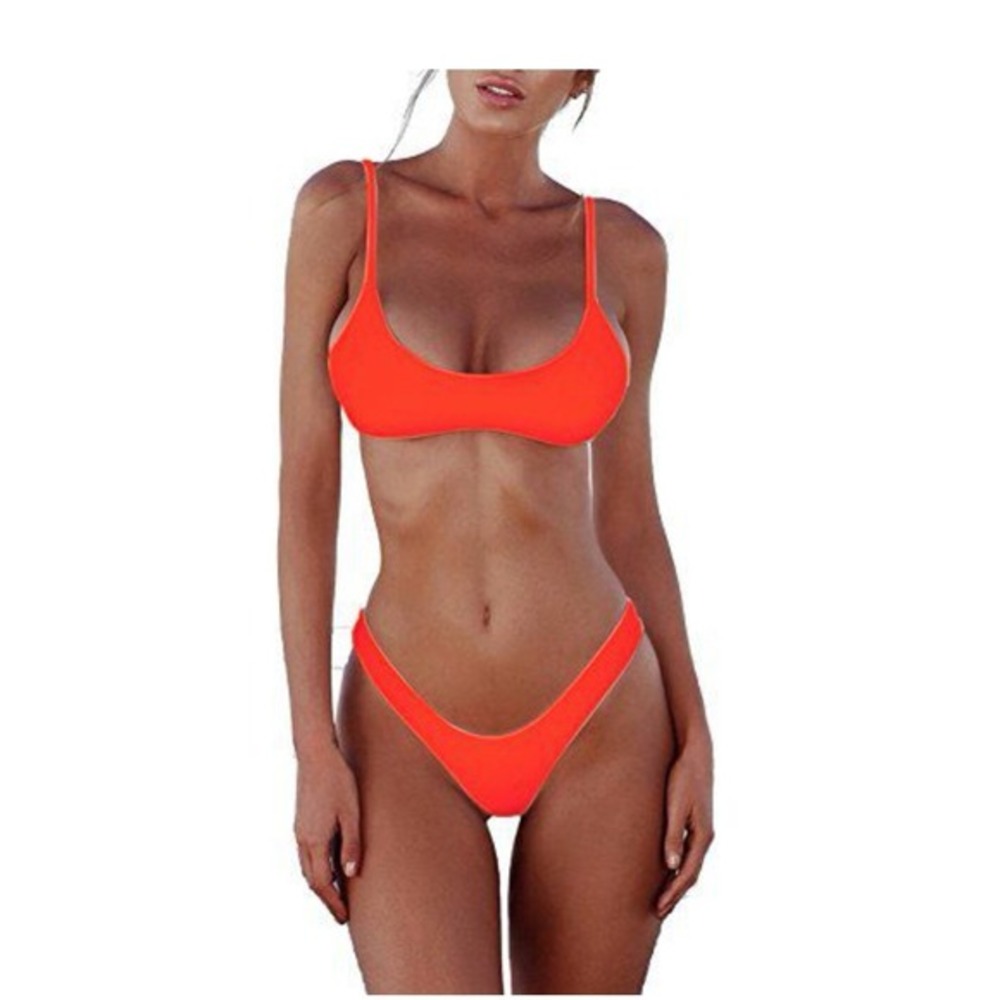 SherryDC Brazilian Thong Bikini Push‎ Up Padded Swimsuit Scoop Neck Red Orange M
